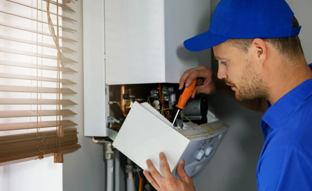 Monteur met pet aan het werk bij een wandketel